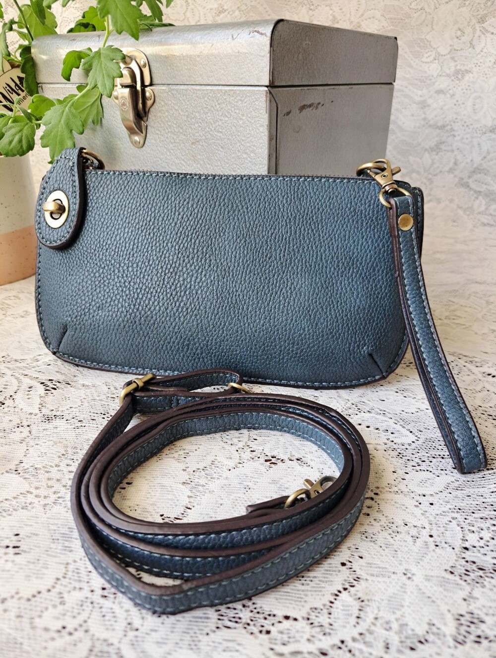 Joy Susan Mini Crossbody Wristlet Clutch Vegan Pebbled Leather - Blue/Gray